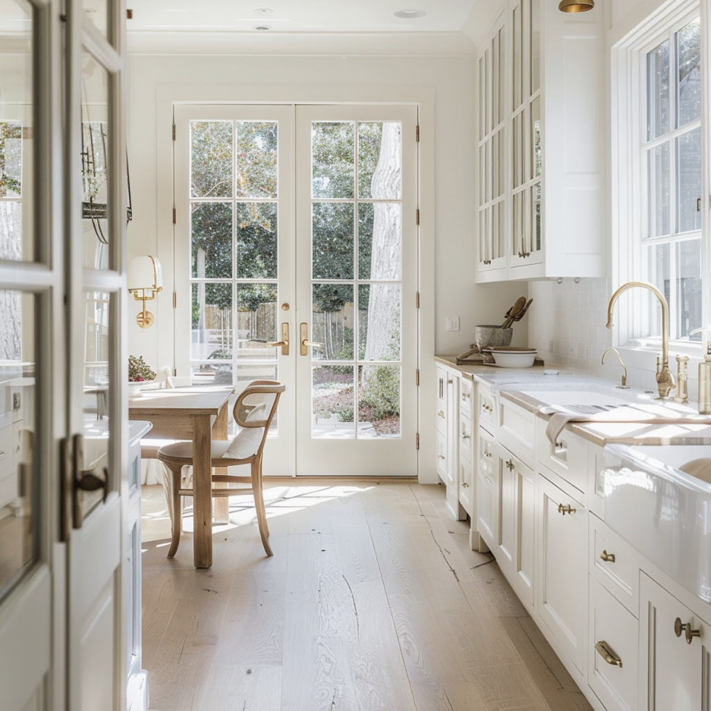 An all white kitchen with a table and chairs.